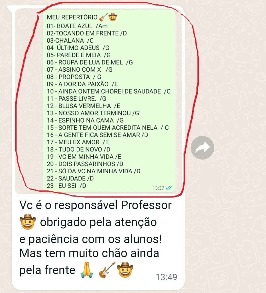 Depoimento de aluno com repertório de 23 músicas
